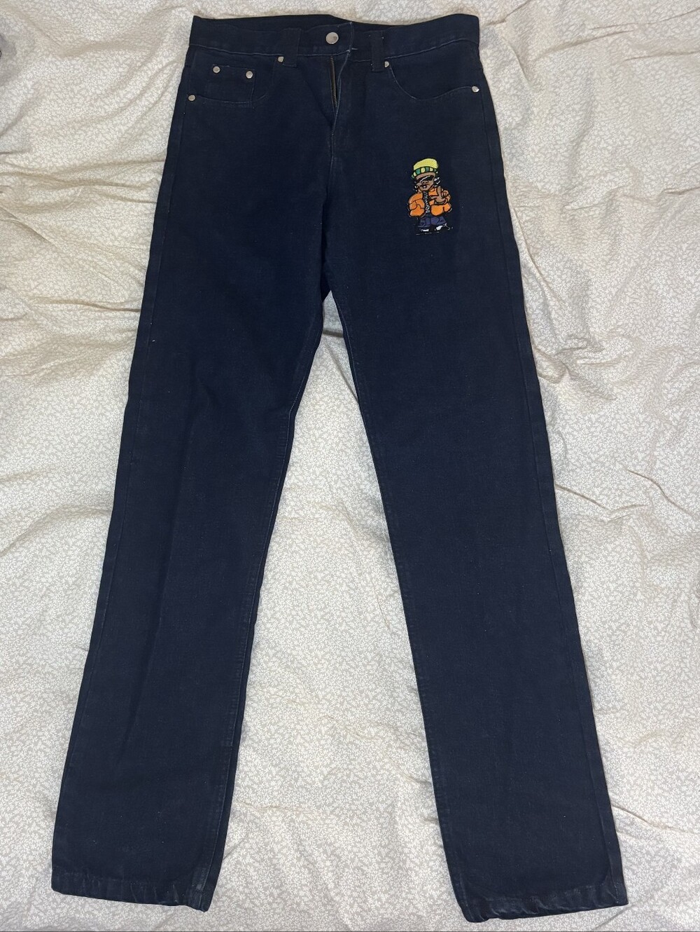 Men's/women Dark Blue Denim Pants with Orange Character Embroidery